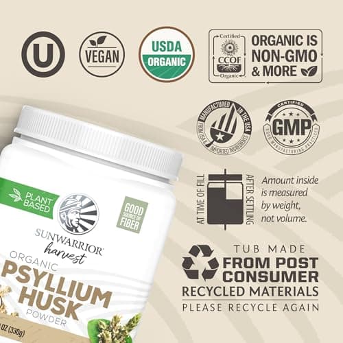 Sunwarrior Organic Psyllium Husk Powder – Plant-Based Fiber for Gut Health & Regularity – Supports Digestion & Satiety – Certified Organic, Gluten-Free, Non-GMO, Keto-Friendly – 11.6 oz