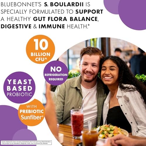 BlueBonnet Nutrition S. Boulardii Probiotic 10 Billion CFU^ w/Prebiotic Sunfiber – Shelf Stable - for Women & Men Digestion, Gut, Mood* - Non-GMO, Vegan, Free of Gluten, Dairy & Soy - 30 Servings