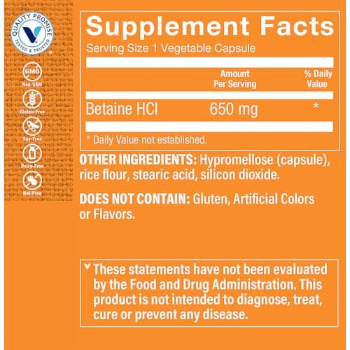 The Vitamin Shoppe Betaine HCl Fast-Acting Digestive Support 650 (100 Vegetable Capsules)