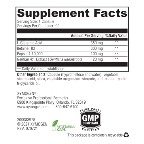 XYMOGEN GastrAcid - Supports Digestive Health - Acid Balance Formula With Betaine HCl & Gentian Root - Vegetarian, Non-GMO & Gluten Free - 90 Capsules