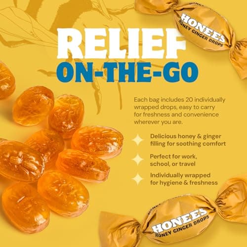 Honees Filled Honey Ginger Drops, Natural Cough Drops- Pure Ginger Sore Throat Relief - Nothing Artificial -Throat Coat Lozenges, Natural Cough Suppressant, Non-GMO (1 Pack – 20 Drops)