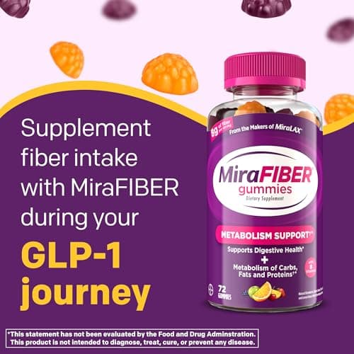 MiraFIBER Gummies from The Makers of MiraLAX, 8g of Daily Fiber Per Serving, Metabolism Support with B Vitamins, Gut Health for Men & Women,Prebiotic Fiber Gummies for Adults, Mixed Fruit Flavor 72Ct