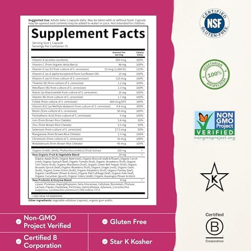 Garden of Life Vitamin Code Raw One for Women, Once Daily Women's Multivitamin - 75 Capsules, One a Day Vitamins Whole Food Iron, Probiotics for Digestive Health, Gluten Free Vegetarian