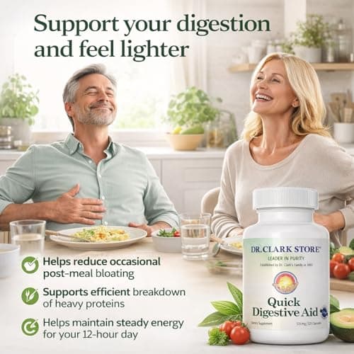 Dr Clark Store Quick Digestive Aid 125 Capsules With Betaine HCL and Digestive Enzymes to Support Optimal Stomach Balance and Reduce Occasional Post Meal Bloating for Your Daily Comfort, Clean Formula