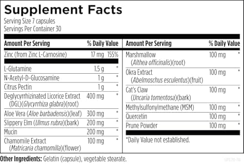 Designs for Health GI Revive - Slippery Elm Gut Health Support with Licorice Root, L-Glutamine + Zinc Carnosine - MSM, Marshmallow Root Powder + Okra Extract (210 Capsules)