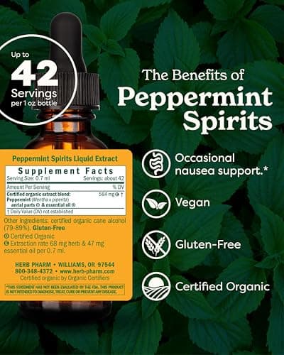 Herb Pharm Peppermint Spirits Liquid Extract: Organic Herbal Digestion Support | Mentha piperita Tincture | Fast-Absorbing for Occasional Nausea & Upset Stomach Support, Up to ~3 Week Supply, 1 oz*