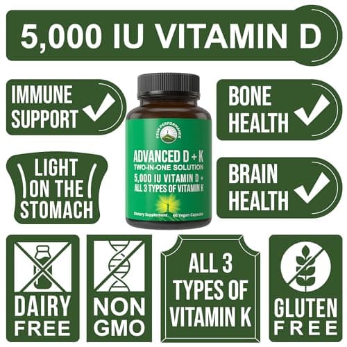 Peak Performance Advanced Vitamin D 5000 IU with All 3 Types of Vitamin K Vitamin D3 and Vitamin K2, K1, MK-7 (MK7), MK4 Supplement - 60 Small and Easy to Swallow Vegetable Capsules