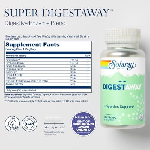 SOLARAY Super Digestaway Digestive Enzymes - Pancreatin, Papain, Ginger, Pepsin, Betaine HCl, Aloe Vera, and More - Digestion & Nutrient Absorption Support - Lab Verified - 60 VegCaps