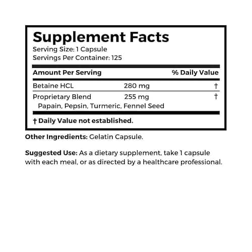 Dr Clark Store Quick Digestive Aid 125 Capsules With Betaine HCL and Digestive Enzymes to Support Optimal Stomach Balance and Reduce Occasional Post Meal Bloating for Your Daily Comfort, Clean Formula