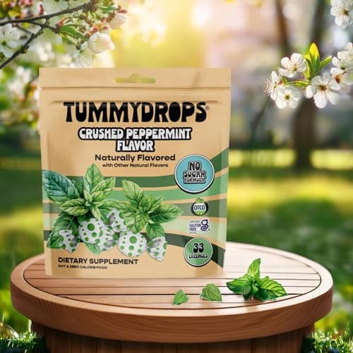 tummy drops No Sugar Crushed Peppermint Flavor, Gluten Free & Vegan, 33 Individually Wrapped Pure Peppermint Oil Lozenges Made with Organic Monkfruit