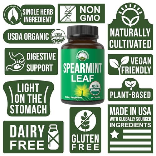 Peak Performance USDA Organic Spearmint Capsules. Organic Vegan Spearmint Leaf Pills for Digestive Support, Ingestion, and More. USA Tested Supplement for Women and Men.