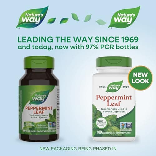 Nature's Way Peppermint Leaf, Traditionally Used to Soothe Digestion*, 700 mg per 2-Capsule Serving, Peppermint Supplement, Non-GMO Project Verified, 100 Vegan Capsules (Packaging May Vary)