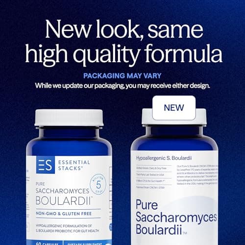 Essential Stacks Saccharomyces Boulardii Probiotics (Non-GMO & Gluten Free) - 5 Billion CFUs for Gut Health (60 Capsules)