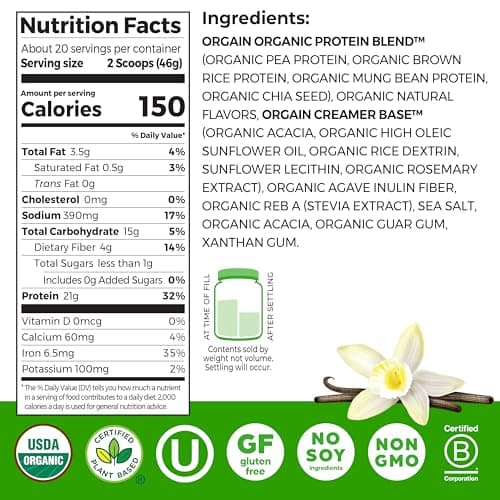 Orgain Organic Vegan Protein Powder, Vanilla Bean - 21g Plant Protein, 6g Prebiotic Fiber, No Lactose Ingredients, No Added Sugar, Non-GMO, For Shakes & Smoothies, 2.03 lb (Packaging May Vary)