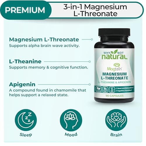 Magnesium L-Threonate Complex with Apigenin and L-theanine, 90 Capsules, Patented Magtein Supplement