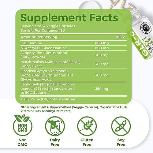 Intestinal Fortitude GLR-6 - Gut Lining Repair Supplement for Gut Health - Leaky Gut Repair with L-Glutamine, Slippery Elm, DGL Licorice Root, Marshmallow Root, Fenugreek - IBS, IBD, GERD - Vegan