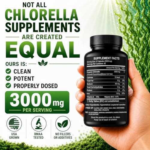 Chlorella Capsules 3000 mg - Cracked Cell Wall Blue Green Algae Supplement - Best Natural Detox Cleanse - Plant Vitamins Minerals Chlorophyll Vegan Protein Powder Pills - Made in USA