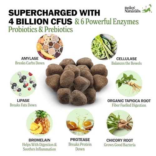 Deley Naturals Dog Probiotic Chews - 4 Billion CFU Probiotics for Dogs with Digestive Enzymes & Prebiotics - Grain Free Soft Chews for Gut Health & Digestive Support - 120 Chicken Chews Made in USA