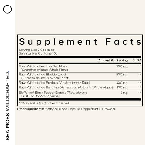Codeage Raw Wildcrafted Irish Sea Moss Supplement, Spirulina Algae, Bladderwrack Seaweed, Burdock Root, Black Pepper, Vegan, Non-GMO, 120 Capsules
