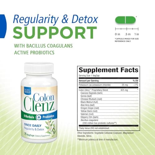 Body Gold Colon Clenz & Detox Overnight Formula | Once Daily with 9 Herbs + Active Probiotics | Constipation Relief for Adults | Bloating Relief for Women & Men | 75 Capsules