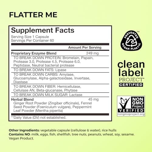 HUM Flatter Me Digestive Enzymes for Women & Men, Digestive Health Bloating Supplement with Ginger & Peppermint Leaf, Fast Acting Anti Bloat Pills Multi Enzyme for Debloating, Vegan, 60 Capsules