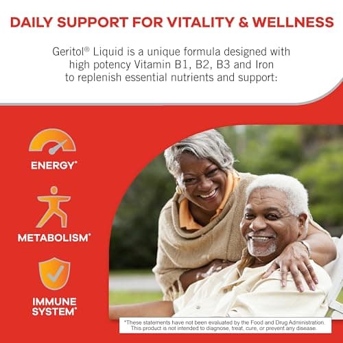 Geritol Liquid Vitamin and Iron Supplement, Energy Support, Contains High Potency B-Vitamins and Iron, Pleasant Tasting, Easy to Swallow, No Artificial Sweeteners, Non-GMO, 12 Oz