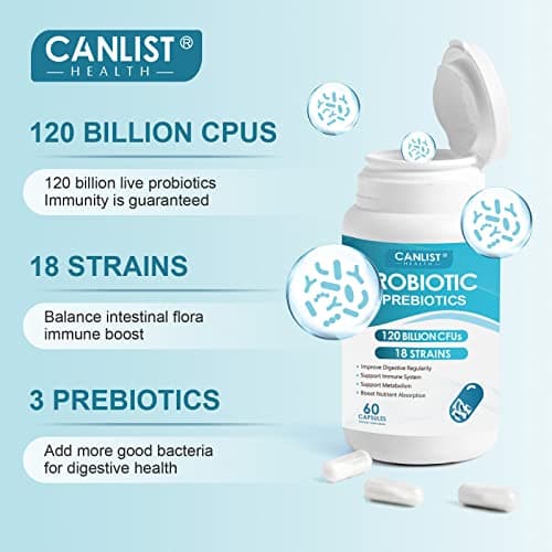 CANLIST Probiotics 120 Billion CFUs 18 Strains, 3 Prebiotics & Digestive Enzymes for Men Women,Digestive & Immune Support,Shelf Stable Non-GMO 60 Capsules