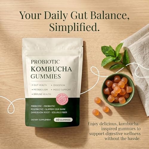 FQMUEV Jevawell Probiotic Kombucha Gummies | Prebiotics, Probiotics, Postbiotics | Slippery Elm Bark, Dandelion Root, Soluble Fiber, Mct Oil | Bloating, Gut Health | 60 Gummies