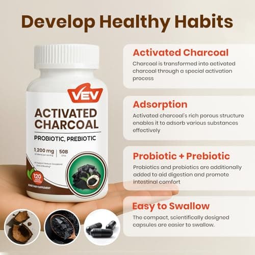 VEV Activated Charcoal with Organic Coconut Shell Charcoal & 50 Billion Probiotics – 120 Vegan Capsules for Digestive Wellness & Dietary Support