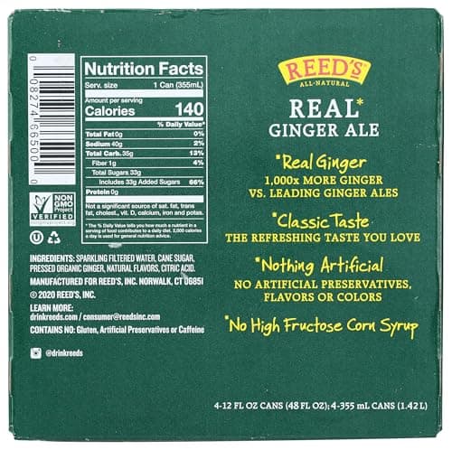 Reeds Ginger Brew, Soda Real Ginger Ale, 12 Fl Oz, 4 Pack