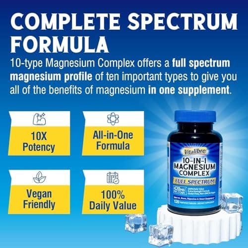 Vitalibre 10 in 1 Magnesium Complex, 420mg Elemental Magnesium | Ultra Strength, Max Absorption | Chelated Magnesium Supplement for Nerves, Bone & Heart Health | Non-GMO, 120 Vegan Capsules