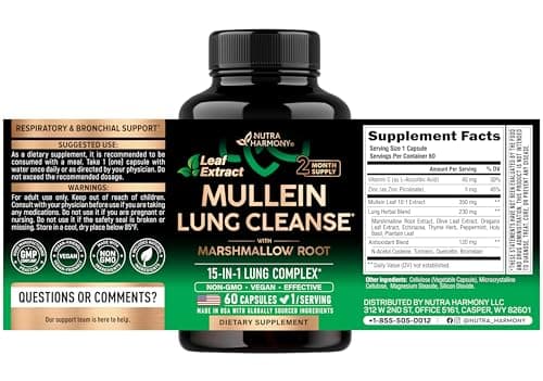 Mullein Lung Detox - Mullein Leaf 10:1 Extract - Marshmallow Root | Echinacea | Oregano | Quercetin | NAC - 15-in-1 Lung Support & Cleanse for Smokers Supplement - Made in USA - As Drops - 60 Capsules