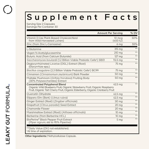 Codeage Leaky Gut Supplement, L-Glutamine, N-Acetylglucosamine, Probiotic, Butyric Acid, Polyphenols, Quercetin, DGL, Marshmallow Root, Berberine, BioPerine, Cinnamon, Vegan, Non-GMO, 60 Capsules