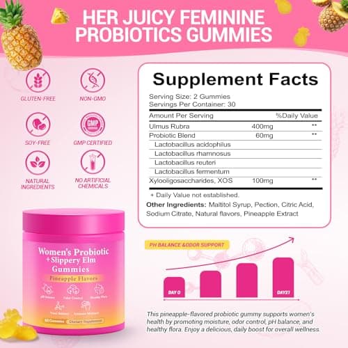 BURMINY Her Juicy Feminine Probiotics Gummies, Premium Feminine Balance Probiotics with Slippery Elm for Women's pH Balance and Freshness – Support Daily Wellness & Comfort 60 Pineapple Gummies