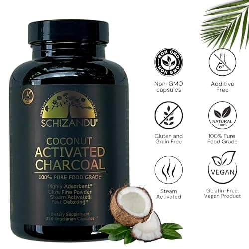 Schizandu Activated Coconut Charcoal Capsules – Vegan, Organic, Non-GMO, No Additives – 210 Count, X-Large Bottle