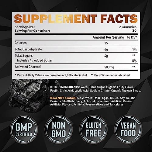 Activated Charcoal Gummies for Kids, 500mg Chewable Activated Charcoal Supplement for Gas Relief, Detox, Digestive and Oral Health, Vegan Blueberry Flavor, 60 Count