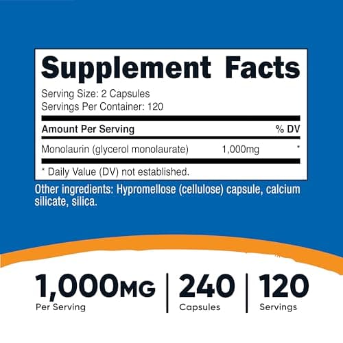 Nutricost Monolaurin 1000 mg (120 Servings, 240 Capsules) - Gluten-Free, Non GMO, Vegan