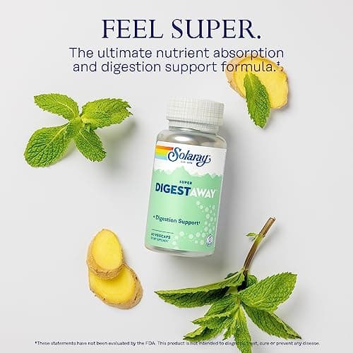 SOLARAY Super Digestaway Digestive Enzymes - Pancreatin, Papain, Ginger, Pepsin, Betaine HCl, Aloe Vera, and More - Digestion & Nutrient Absorption Support - Lab Verified - 60 VegCaps