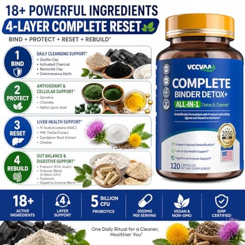 Vccvaa Metal Detox & Full Body Cleanse Pills - GI, Parasite & Zeolite Detox, Activated Charcoal, Bentonite Clay, 5 Billion CFU Women Probiotics, NAC, Turmeric, Liver Support, 120 Vegan Capsules