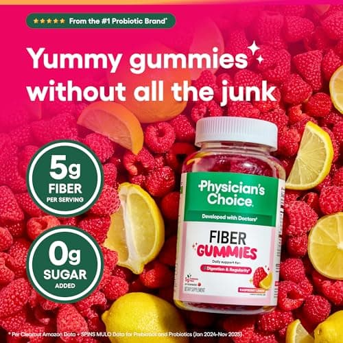Physician’s Choice Fiber Gummies for Digestive Health & Regularity - Raspberry Lemon Flavor - No Sugar Added & Vegan - Natural Chicory Root Prebiotic Fiber - Daily Gummy for Adults, Women & Men - 60CT