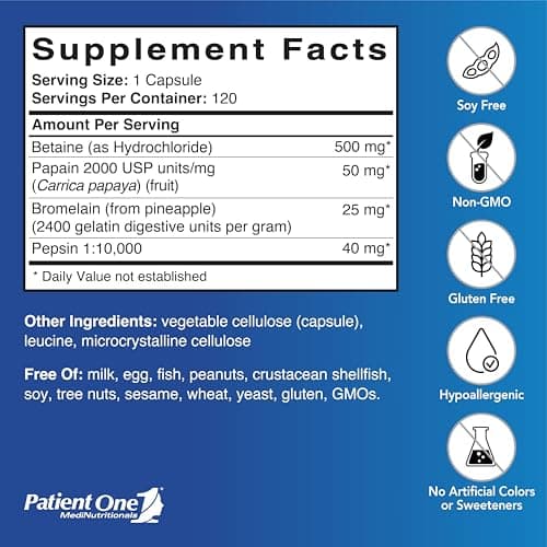 Patient One Digest-Plex | Supplement to Support Gastric Comfort and Food Metabolism* | with Betaine, Papain, Bromelain and Pepsin | 120 Capsules