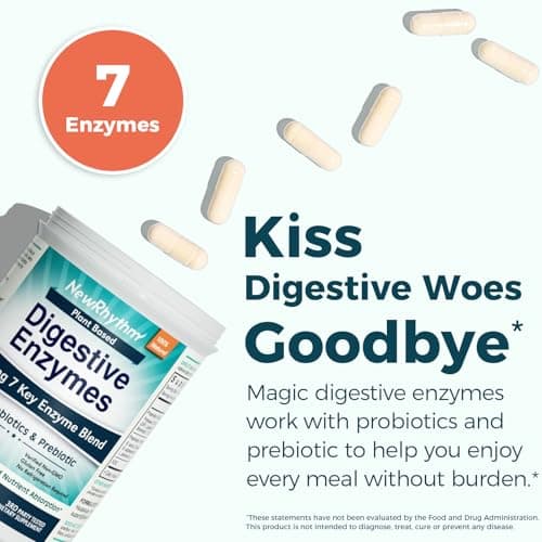 NewRhythm Digestive Enzymes 245 mg, with Probiotics and Prebiotics, Plant Based, 7 Key Enzymes, Digestion, Nutrient Absorption, Protease Amylase & Lipase, 60 Vegan Capsules
