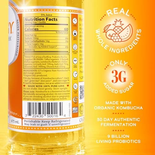 SYNERGY The Real Kombucha - Mystic Mango - 16 fl oz Bottle - Raw Probiotic Drink for Gut Health and Immune Support