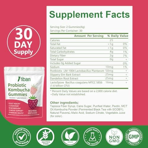 Itiban Probiotic Kombucha Gummy - Prebiotics, Probiotics, Postbiotics, Fiber Supplement, Slippery Elm for Bloating, Gut Health, Women and Men, 60ct