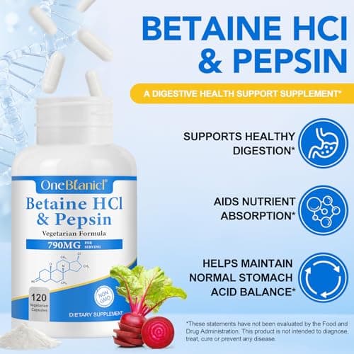 shwdppmy Betaine HCl with Pepsin Digestive Enzymes Supplement, 120 Vegan Capsules, 790mg Gluten-Free Formula for Digestive Support & Stomach Comfort, Plant-Based, Non-GMO