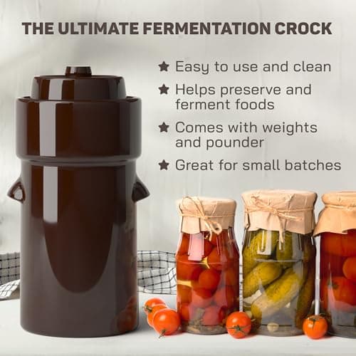 Fermentation Crock 1 Gallon - Sauerkraut Crock with Lid, Weights & Pounder - Ceramic Fermenting Crock Kit for Pickling Cabbage Kimchi Vegetables - 4 Liter Fermentation Jar - Stoneware Pickle Pot