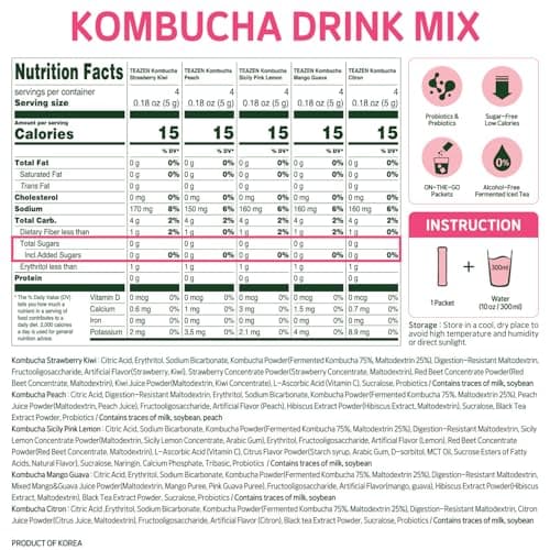 TEAZEN Kombucha Sunset Bliss Hydration Variety Pack - 20 Packets, 5 Flavors (Peach, Mango-Guava, Strawberry-Kiwi, Citron, Sicilian Pink Lemon), On-the-Go Powder Drink Mix