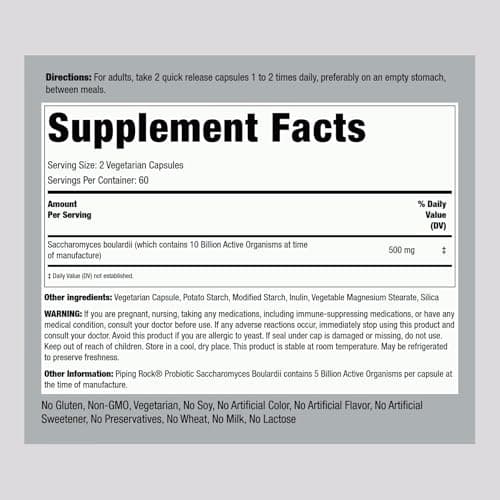 Piping Rock Saccharomyces Boulardii Probiotic Supplement | 5 Billion CFU | 120 Capsules | 250 mg | Vegetarian, Non-GMO, Gluten Free