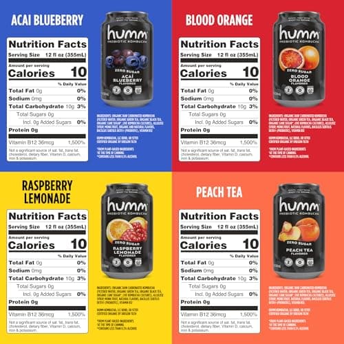 Humm Probiotic Kombucha Zero Sugar Variety Pack, No Refrigeration Needed, Keto Friendly, Organic, Vegan, Gluten Free, 12oz Cans (16 Pack)