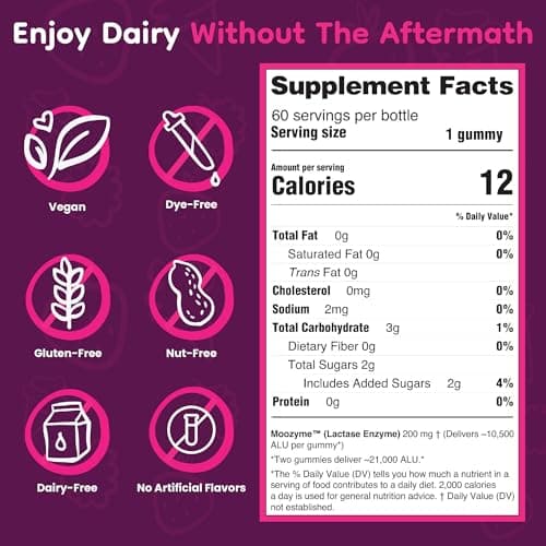 JolliMoo Lactase Enzyme Gummies 9000+ FCC 60 Count – Digestive Enzyme Supplement for Dairy Foods, Chewable Lactase Support, Vegan, Kosher, Made in USA | Moozyme™